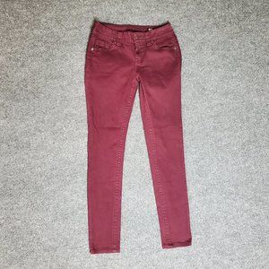 Miss Me Mid Rise Skinny 25 (Meas 26x29 7" Low Rise) Burgundy Denim EUC Jeans A21